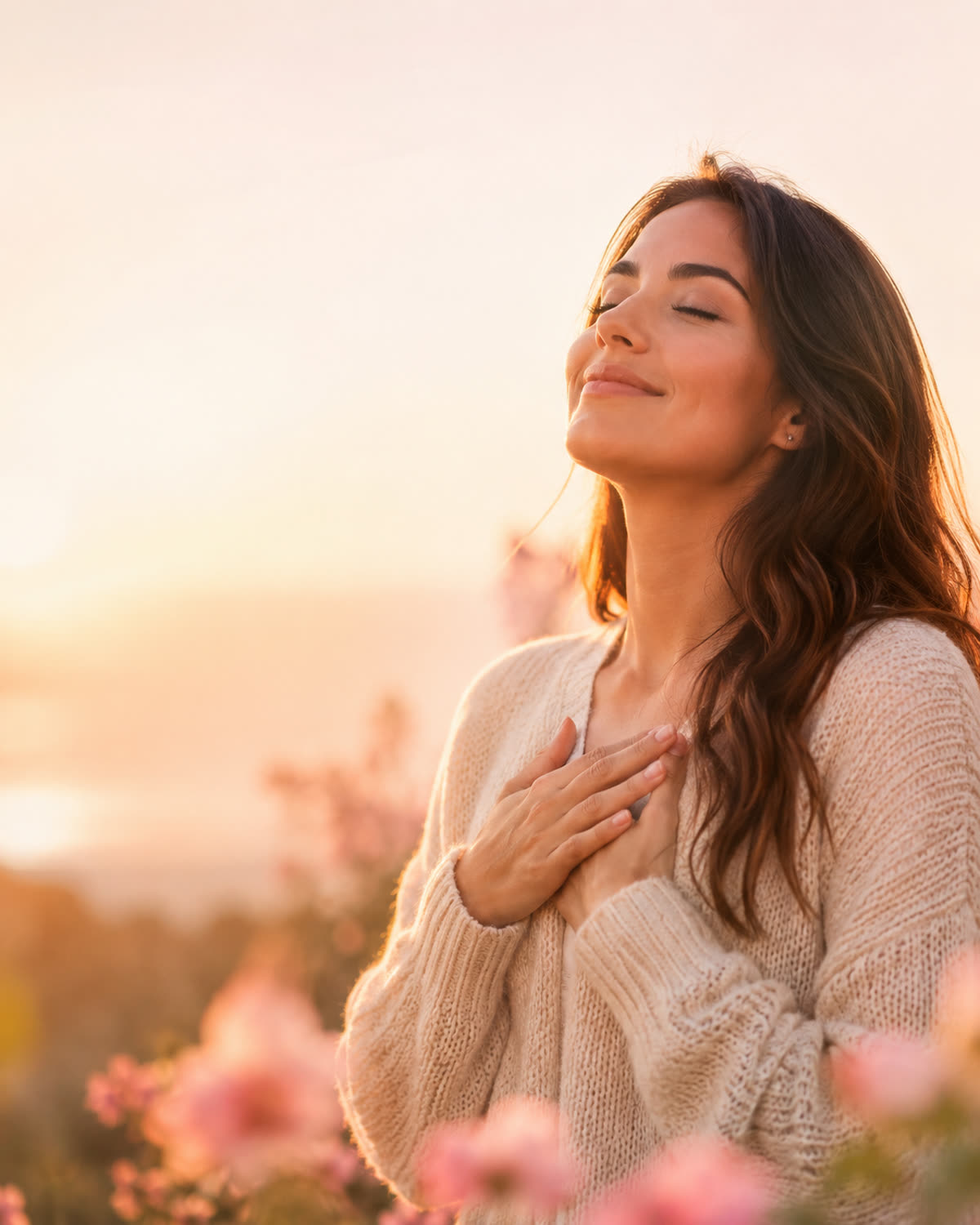 Mujer serena con las manos sobre el corazón al amanecer